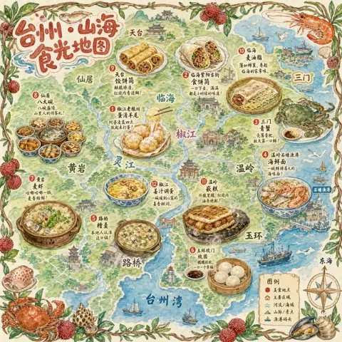 A hand-drawn style city food map themed around Taizhou sample image