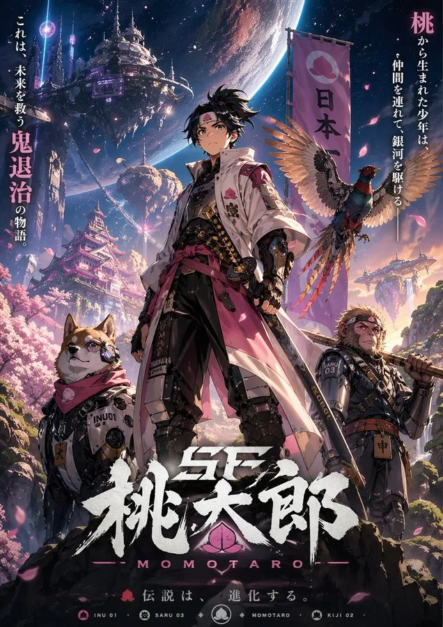 Cyberpunk Sci-Fi Momotaro Key Visual sample image