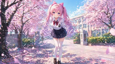 Shy Twintail Girl Under Cherry Blossoms sample image