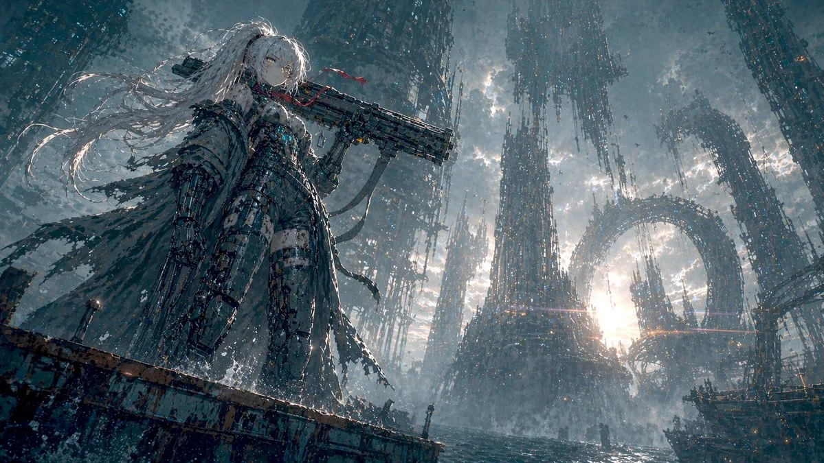Mecha Girl Standing in Abandoned Coastal City sample image
