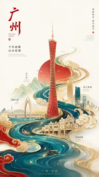 Minimalist Guochao Gilded Canton Tower Poster sample image
