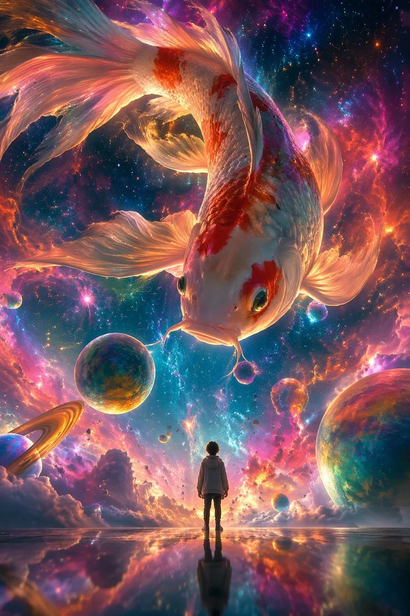 Fantasy Encounter of Nebula Giant Carp and Tiny Human sample image