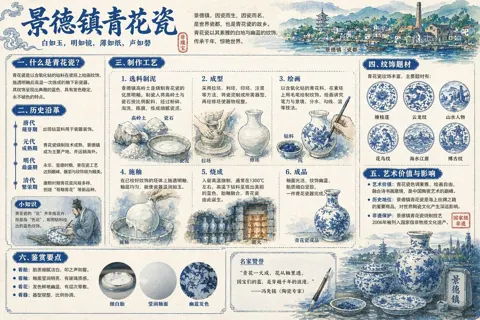 Jingdezhen Blue and White Porcelain Panoramic Infographic sample image