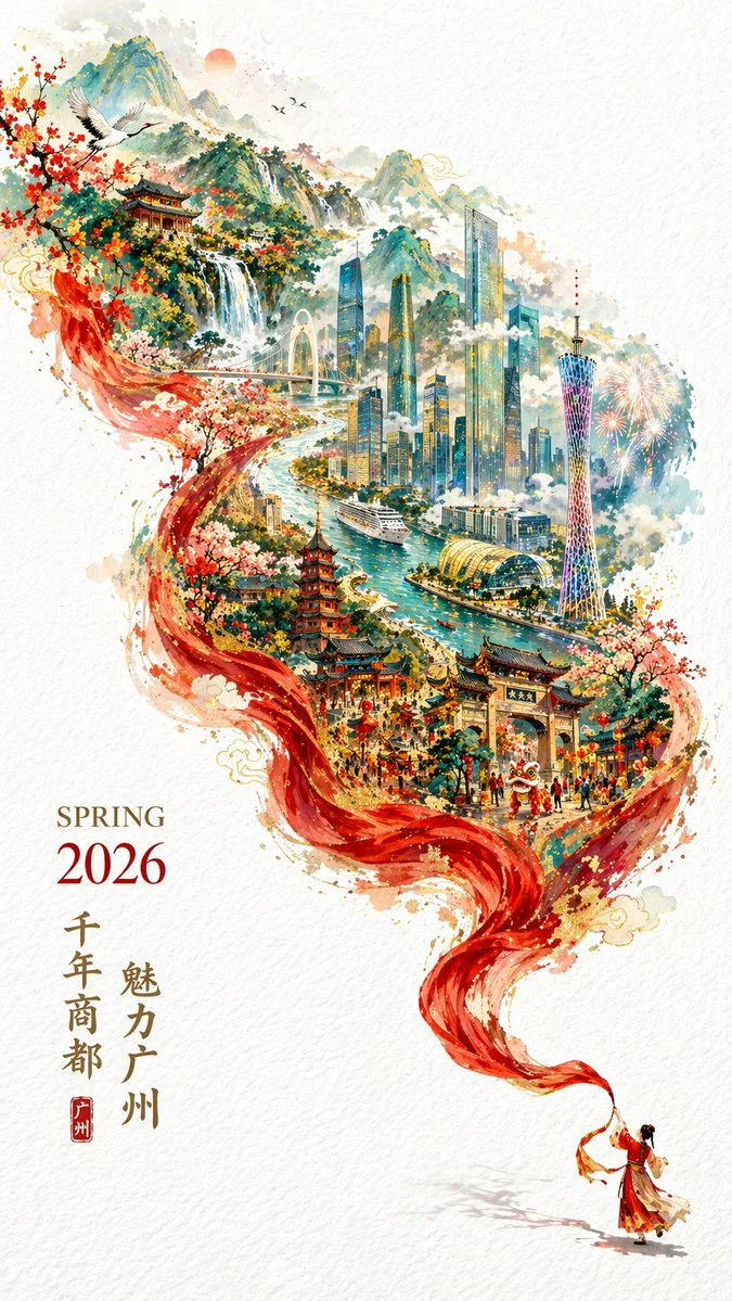 Red Silk Dancing Over Ancient Mercantile City Guangzhou sample image