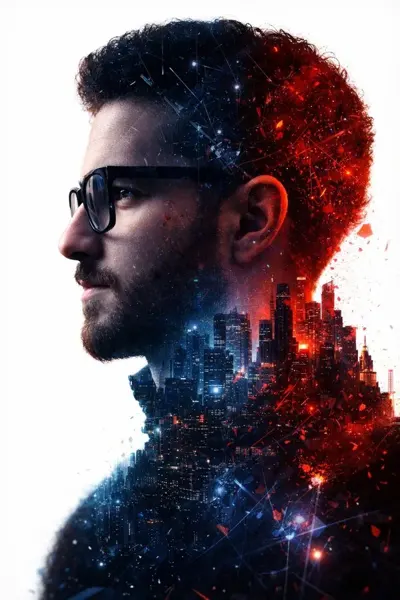 Futuristic City Double Exposure Youth in Red & Blue Light sample image