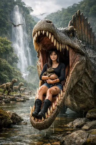 Cool Girl in Spinosaurus Jaws and Prehistoric Wonder sample image