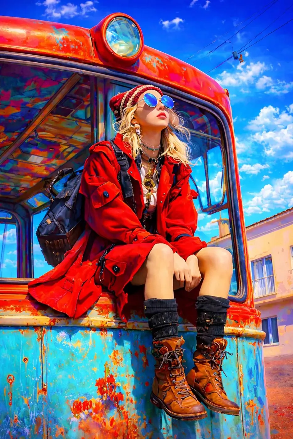 Woman in Red Trench Coat on Vintage Bus sample image