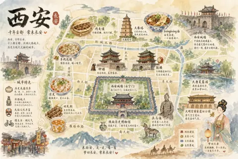 Xi'an Hand-Painted Watercolor City Map sample image