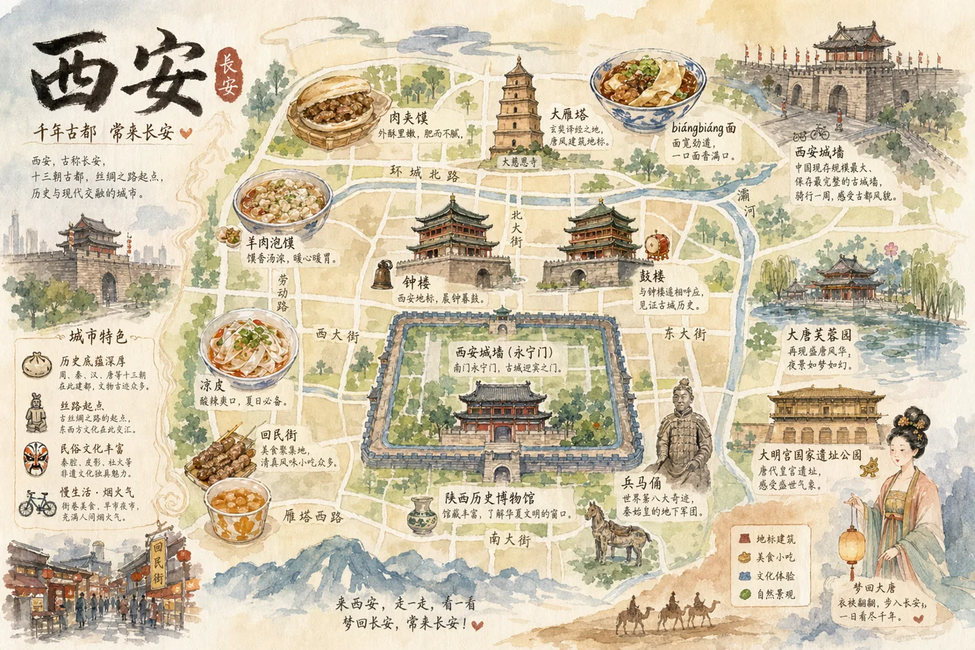 Xi'an Hand-Painted Watercolor City Map sample image