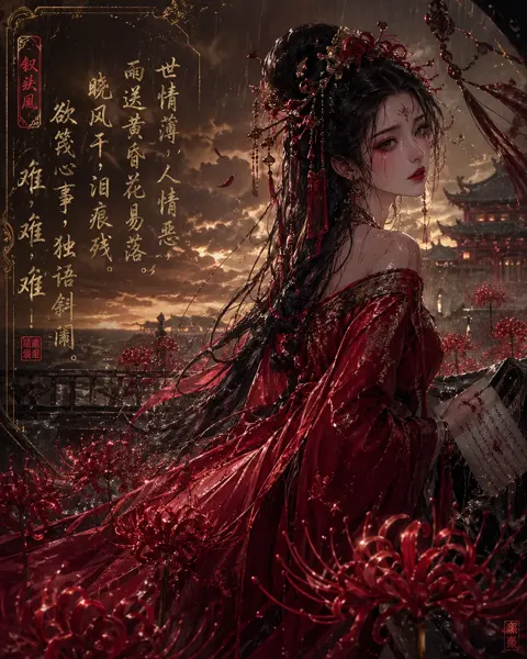 Woman in Red Amid Red Spider Lilies sample image