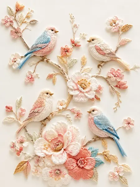 3D Embroidery Bird on Flowering Branch sample image