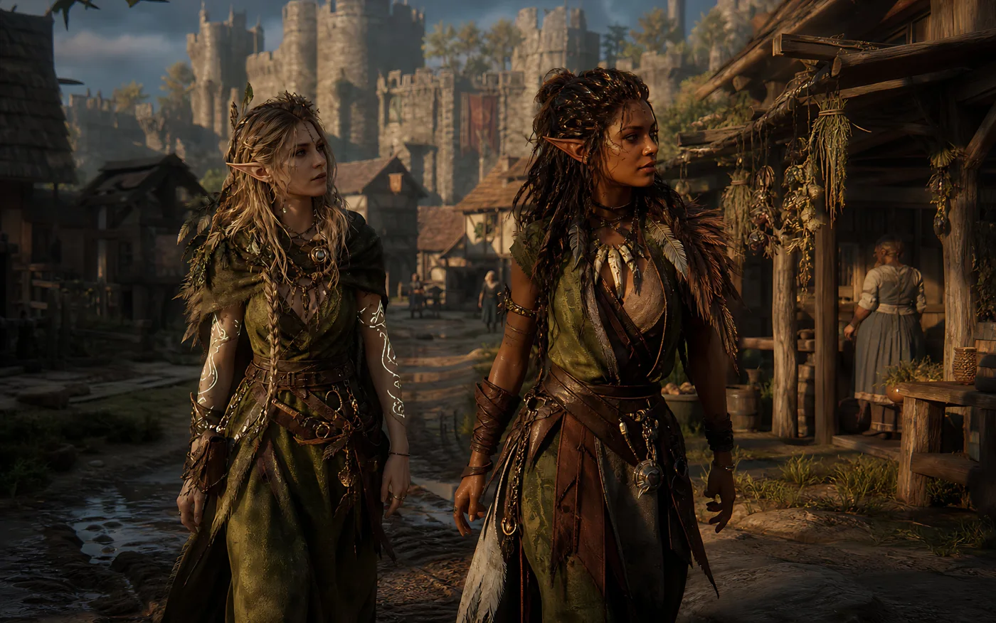 Two Elf Adventurers in Medieval Village sample image