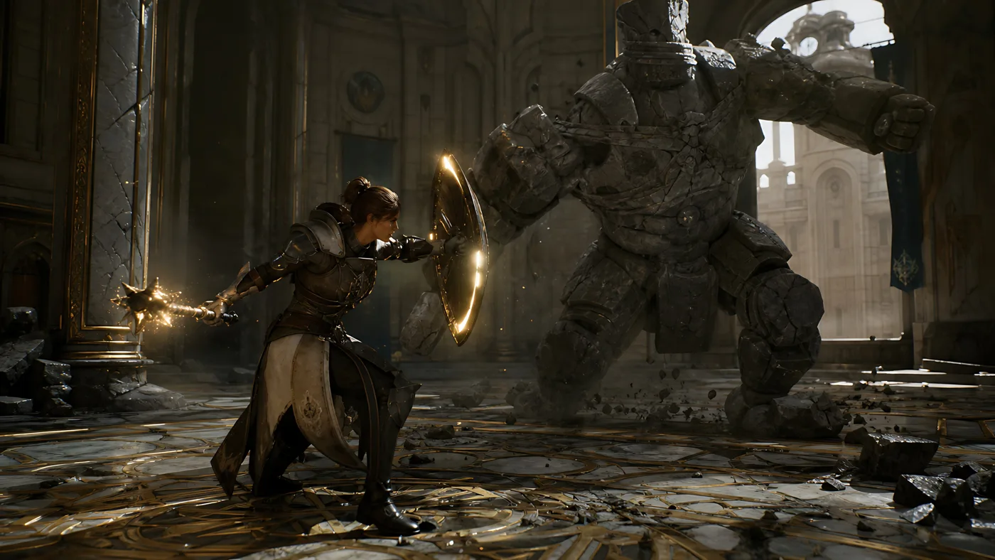 Knight and Mage Battle Stone Golem sample image