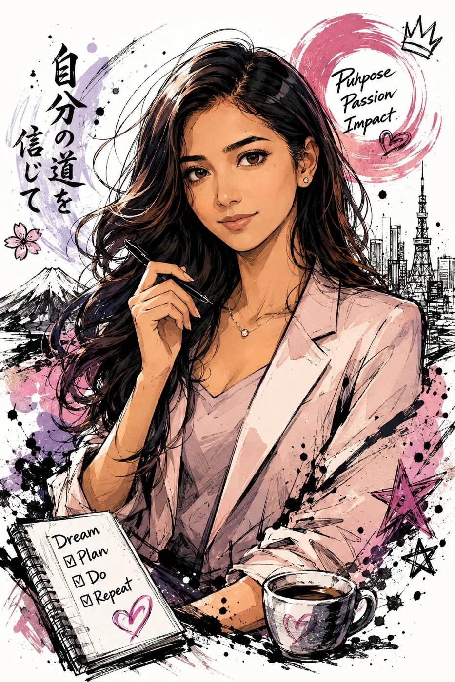 Japanese Hand-Drawn Doodle Half-Body Illustration sample image