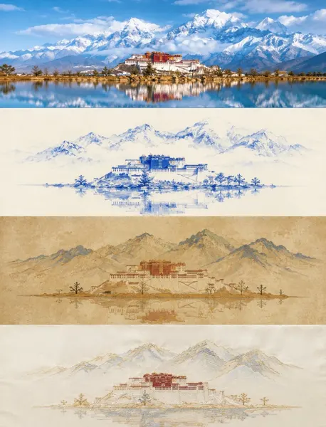 Blue and White Dunhuang Embroidery 4-Panel Style Poster