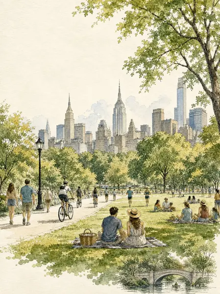 Manhattan Park Watercolor Travel Illustration sample image