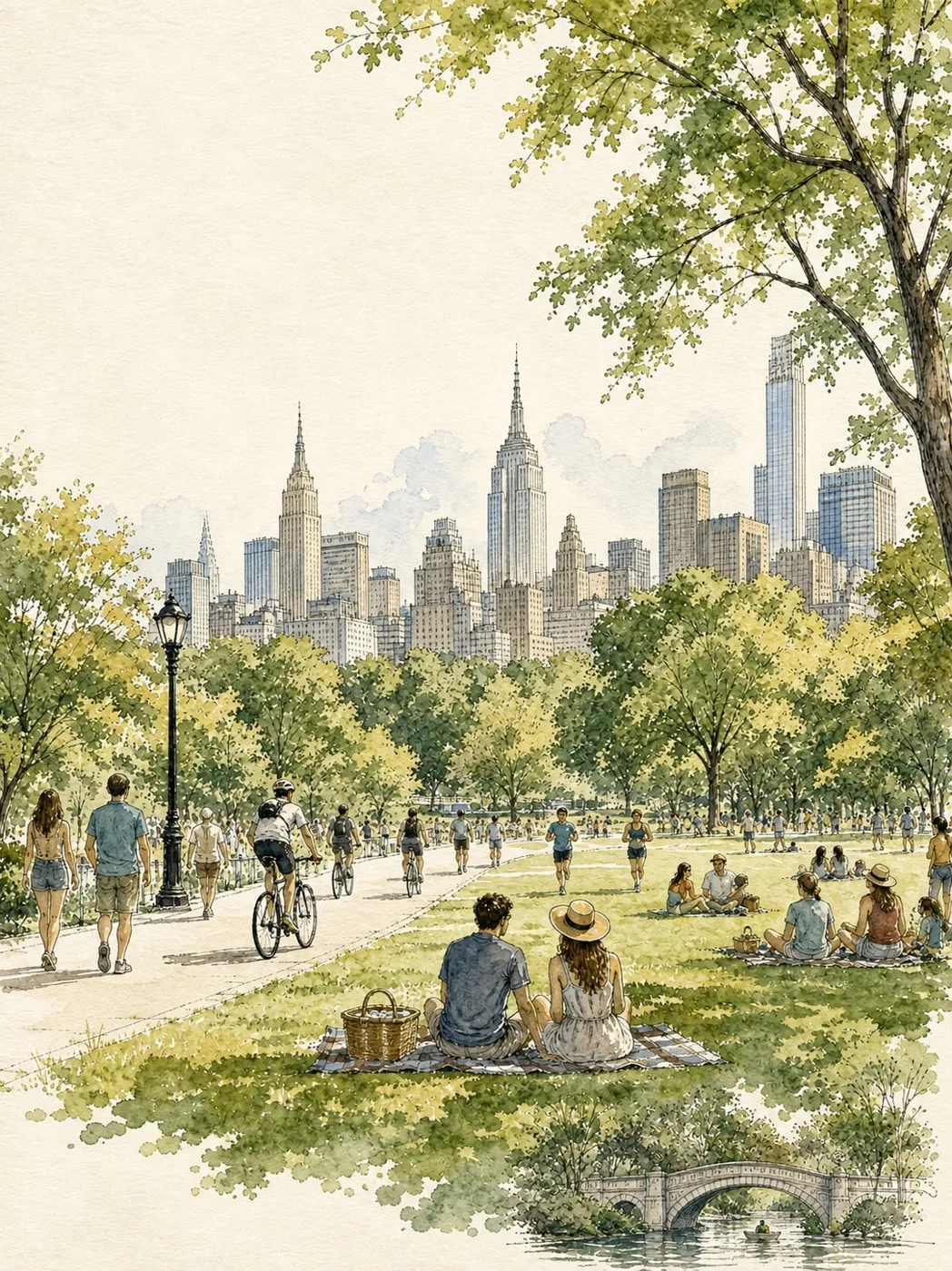 Manhattan Park Watercolor Travel Illustration sample image